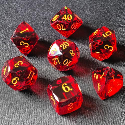 Crystal Multifaceted Polyhedral Dice Set 7 PCS for DND, RPG Tabletop Gaming, Collectors | Tinbox Packing, Gemstone Effect Dice (Ruby) - color: Ruby
