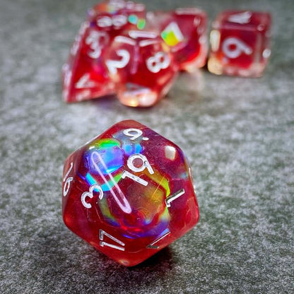 Sage’s Portal Cantrips DND Dice Set - Round Edge Resin 7-PC Polyhedral DND Dice Set for Dungeons and Dragons D&D RPG Tabletop TTRPG (Red Holo Flakes) - color: Red Holo Flakes