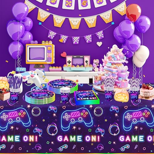 Video Game Party Tablecloth Decorations, Neon Glow Theme, 3 Pack | Disposable Neon Glow Level Up Game On Birthday Party Supplies Table Cover, 54in x 108in