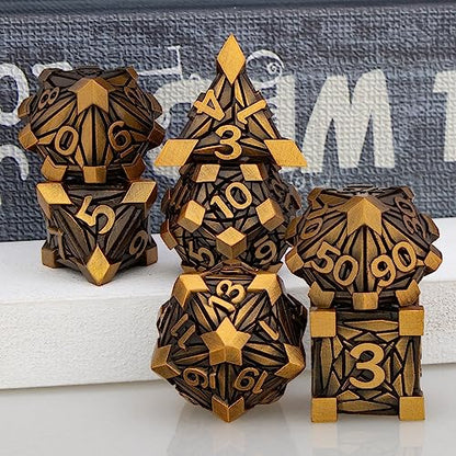 7PCS Metal DND Dice Set with Box, Debris RPG Red D and D Dice for use with D&D Tabletop Games Role Playing Game Polyhedral Dice Set D20 D12 D10 D8 D6 D4 - color: Ancient Gold