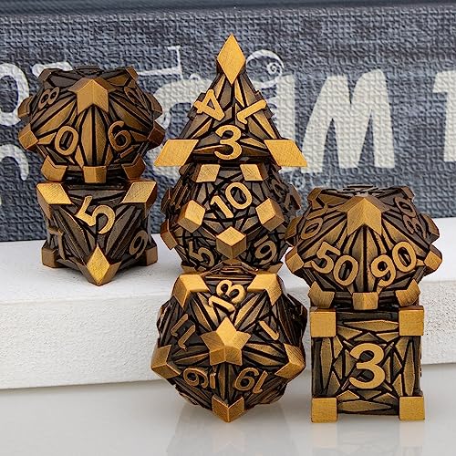 7PCS Metal DND Dice Set with Box, Debris RPG Red D and D Dice for use with D&D Tabletop Games Role Playing Game Polyhedral Dice Set D20 D12 D10 D8 D6 D4 - color: Ancient Gold