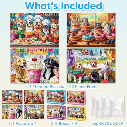 4-Pack 100 Piece Puzzles for Kids Ages 6-8 8-10 Year Old Large Piece Puzzles for Seniors 100 Pieces Jigsaw Puzzles for Kids Ages 4-6, Learning Educational Toys for Boys and Girls- Dogs Kittens Donuts - style: Cat Dog Donut