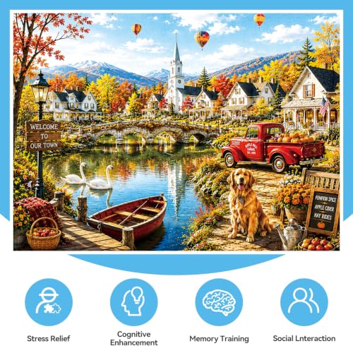 300 Piece Jigsaw Puzzle for Kids & Adults - European Village Puzzle with Lake, Colorful Houses, Bridge & Autumn Landscape, for Boys Girls Ages 8+, 20.5 x 15 in - color: European