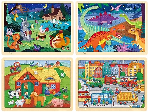 Wooden Puzzles for Kids Ages 3-5, 4 Packs 24 Piece Jigsaw Puzzles for 3 Year Old Boys Girls, Farm Urban Dinosaur Forest Animals Preschool Educational Brain Teaser Boards Toys