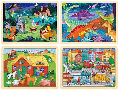 Wooden Puzzles for Kids Ages 3-5, 4 Packs 24 Piece Jigsaw Puzzles for 3 Year Old Boys Girls, Farm Urban Dinosaur Forest Animals Preschool Educational Brain Teaser Boards Toys
