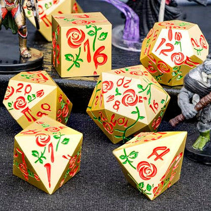 Gothic DND Dice Set Bleeding Rose Metal D and D Dice for use with Dungeons Dragons D&D Role Playing Game, Golden Red RPG Polyhedral Dice Set D20 D12 D10 D8 D6 D4 - color: Red&gold&red Numbers