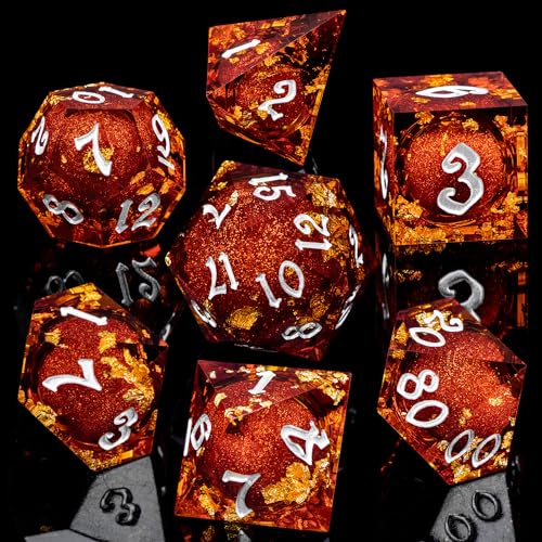 ARUOHHA Liquid Core DND Dice Set, 7pcs Resin Sharp Edged Dragons Dice Role Playing Games, RPG Silver Numbers Red Dungeons Polyhedral Dice with Gift Box D20 D12 D10 D8 D6 D4 - color: Silver Red