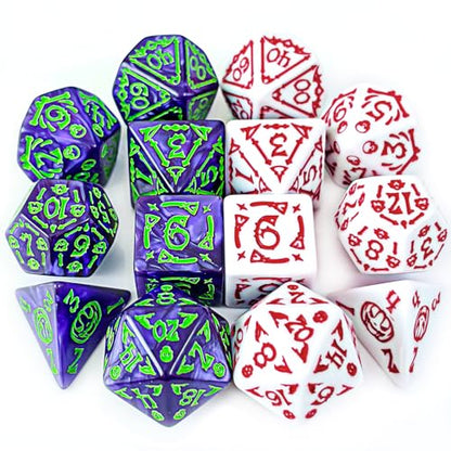 DND Dice 2 X 7Sets, 14Pieces Raised Pattern White Red and Purple Green Mixed Polyhedral DND Dice for RPG MTG Table Game Dice