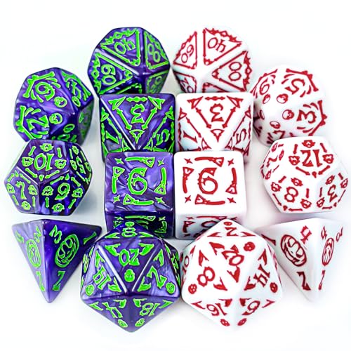 DND Dice 2 X 7Sets, 14Pieces Raised Pattern White Red and Purple Green Mixed Polyhedral DND Dice for RPG MTG Table Game Dice