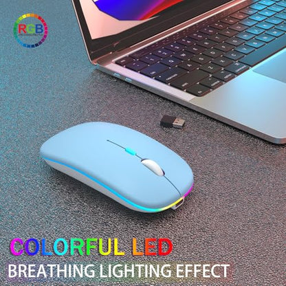 AIKOKOK Wireless Bluetooth Mouse, Rechargeable, Dual Mode Bluetooth 5.2 & 2.4G USB, LED Lights, Slim, Silent, Portable Computer Mouse for Laptop, PC, MacBook, iPad, Tablet (Blue) - color: Blue