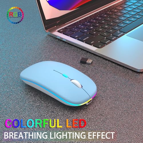 AIKOKOK Wireless Bluetooth Mouse, Rechargeable Dual Mode Mouse, Blue | BT 5.2 & 2.4G USB Receiver, 3 Adjustable DPI,LED Lights,Slim,Silent,Portable Computer Mouse for Laptop,PC,MacBook,iPad,Tablet - color: Blue