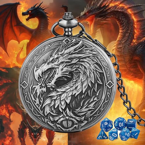 Mini DND Dice Set, 7-Piece Polyhedral Acrylic D&D Dice, with Steampunk Dragon Large Pocket Watch Case, DND Gift Bag with Dragon Logo, Role Play Board Game Accessories, Dark Silver + Blue - color: Silver + Blue