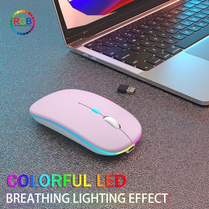 AIKOKOK Wireless Bluetooth Mouse, Rechargeable Dual Mode Mouse, Pink | BT 5.2 & 2.4G USB Receiver, 3 Adjustable DPI,LED Lights,Slim,Silent,Portable Computer Mouse for Laptop,PC,MacBook,iPad,Tablet - color: Pink