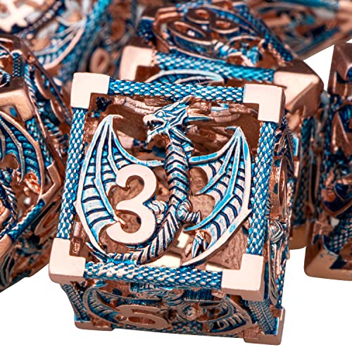 ARUOHHA Hollow DND Metal Dice Set Blue Dragons D and D Dice, RPG Role Playing Games Dungeons Polyhedral Dice with Gift Box D20 D12 D10 D8 D6 D4 - color: Copper Blue