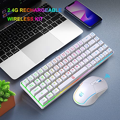 Snpurdiri 60% Wireless Gaming Keyboard and Mouse Combo,LED Backlit Rechargeable 2000mAh Battery,Mini Mechanical Feel Anti-ghosting Keyboard +Popular RGB Gaming Mice for PC Gamer (White) - color: White Combo