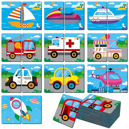 SpriteGru Vehicle Memory Game, 28 Chunky Cards Transportation Theme Head Tail Matching Game 1-5 Players Land/Water/Air Vehicles Memory Matching Game for Preschoolers, Toddlers, Kids - style: Vehicle