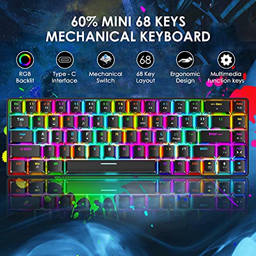 60% Mini 68 Key RGB Backlit Wired USB C Gaming Mechanical Blue Switch Keyboard + Rainbow Backlight 6400 DPI Mouse + Mouse Bungee Cable Cord Management Fixer Holder + Mouse Pad For ESports,Game,office