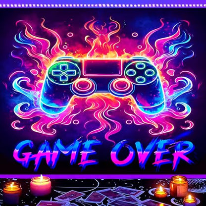 Manicer Blacklight Gaming Tapestry, Cool Neon Game Controller Wall Hanging for Boys Teens, UV Reactive GAME OVER Abstract Art 3D Gaming Poster Tapestries for Bedroom, Play Room - 51.2" x 59.1" - size: 59.1"L x 51.2"W