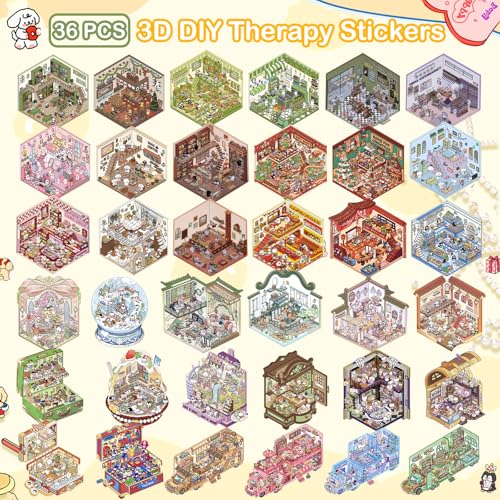 3D House Stickers,DIY Sticker Therapy for Adult Fun Cute Cartoon Stickers | 36 Sets Scene Make Your Own for MINI Room Scenes Miniature Supermarket for Relief Stress Pass The Time - size: 36 Pcs Regular