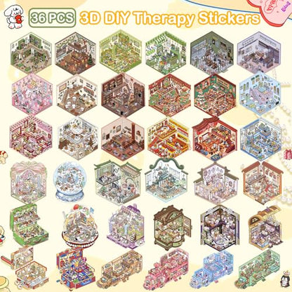 3D House Stickers,DIY Sticker Therapy for Adult Fun Cute Cartoon Stickers | 36 Sets Scene Make Your Own for MINI Room Scenes Miniature Supermarket for Relief Stress Pass The Time - size: 36 Pcs Regular