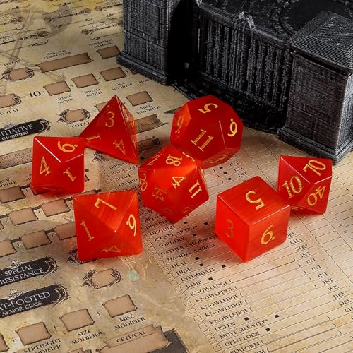 Cat's Eye Red Dice Set, 7-Piece Handcrafted Polyhedral Dice with Gold Engraving, Ideal for D&D, RPG, MTG & Tabletop Games, Gift Box Included (Cat's Eye-Red) - color: Cat's Eye-red