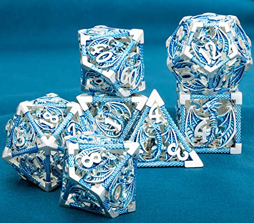ARUOHHA Hollow DND Metal Dice Set Blue Dragons D and D Dice, RPG Role Playing Games Dungeons Polyhedral Dice with Gift Box D20 D12 D10 D8 D6 D4 - color: Silver Blue