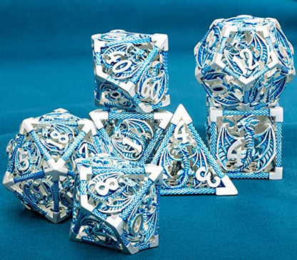 ARUOHHA Hollow DND Metal Dice Set Blue Dragons D and D Dice, RPG Role Playing Games Dungeons Polyhedral Dice with Gift Box D20 D12 D10 D8 D6 D4 - color: Silver Blue