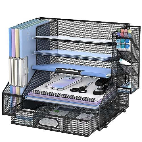 Desk Organizer with 5 Tier File Holder and Sliding Drawer Pen Holder Black | Paper Letter Tray with 3 Tilted File Sorters to Keep Desk Accessories and Office Supplies within Reach - color: Industrial Black