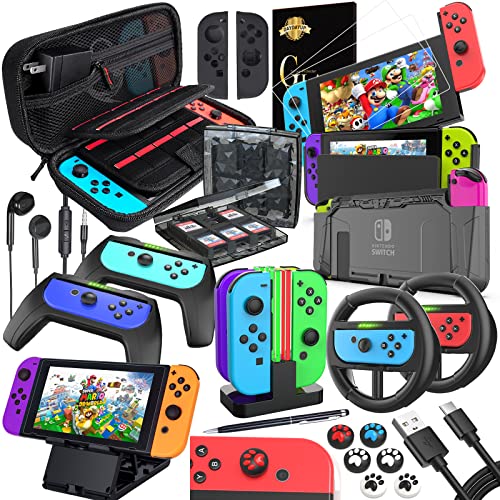 Deruitu Switch Accessories Bundle Compatible with Nintendo Switch, Kit with Carrying Case, Screen Protector, Compact Playstand, Game Case, Joystick Cap, Charging Dock,Steering Wheel, (18 in 1) - color: Black