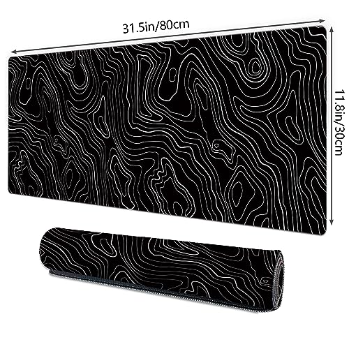 Galdas Mouse Pad For Gaming,XXL XL Large Mouse Mat Long Extended MousePad Desk Mat Non-Slip Rubber Mice Pads Stitched Edges Thin (31.5 x 11.8 x 0.12 Inches) Topographic Map - color: Topographic Map Balck