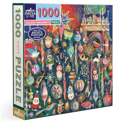eeBoo Holiday Ornaments 1000 Piece Square Puzzle, 23" x 23" Christmas Theme | Double coated, sturdy & dust free pieces with a satisfying snap. Includes full color reference insert. Vibrant, original art - style: Holiday Ornaments