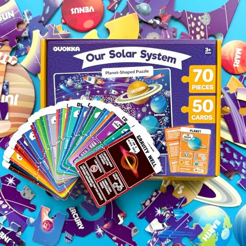 QUOKKA Solar System Puzzles for Kids Ages 4-6 - 70 Pcs Fun Kids Puzzles Ages 5-8 Preschool Floor Activities - Includes 50 Cards with 400+ Space Facts- Planet-Shaped Jigsaw Puzzle Gift for Girls Boys - color: 03. Space 70