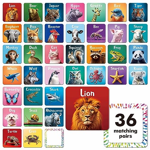 Hebayy 72 PCS Memory Matching Game, Real Animal Matching Cards for Toddlers 36 Pairs Memory Cards for Preschool 4 5 6 Years Old - style: Real Animals-A