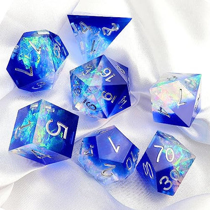Haxtec Sharp Edge DND Dice Set, Holographic Resin Polyhedral RPG Dice | Blue D&D Dice for Role Playing Games, Compatible with Dungeons and Dragons, Handmade 7-Die with Metal Case, TTRPG Gifts - color: Blue Silver
