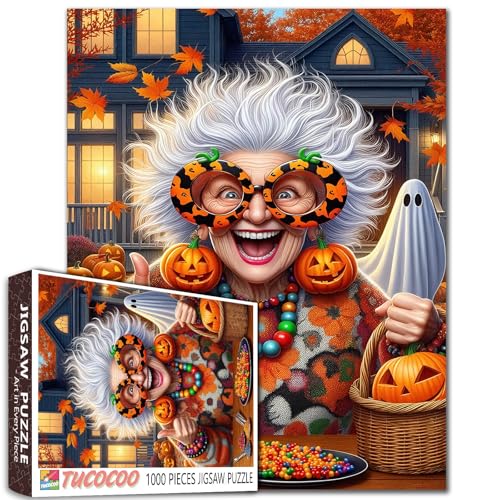 Excited Grandma with Pumpkin Glasses 1000 Piece Jigsaw Puzzle for Adults Students 20×27 Inches Funny Halloween with Candy Ghosts Fall Leaves and Colorful Decor Festive Autumn Puzzle - color: Puzzle-hall Old Woman-06
