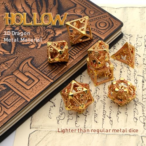 D&D Metal Dice Set - 7pc Polyhedral for Dungeons and Dragons, Role Playing, Table Games, RPG Shadowrun - Hollow Gaming Gift (Gold Red) - color: Gold Red