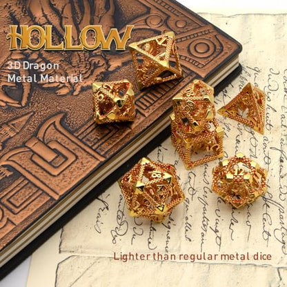 3D Hollow Dragon Dice Set, 7-Piece Metal DND Dice,Gold red | Lightweight copper hollow polyhedral dice with clear numbers, gift box and velvet bag for DND players and collectors. - color: Gold Red