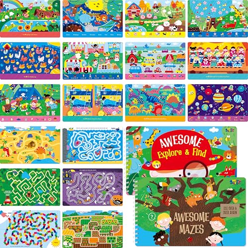 SpriteGru 2 Travel Game Pads, 60 Dry Erase Activities Games Reusable & Erasable Book, Fun Brain Challenge Games Interesting Educational Toy and Learning Tool for Road Trip Airplane Travel - style: Maze & Find
