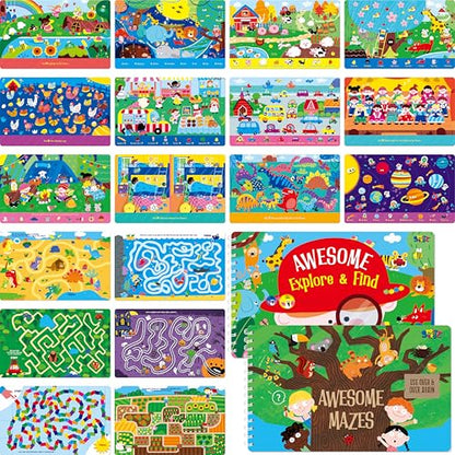 SpriteGru 2 Travel Game Pads, 60 Dry Erase Activities Games Reusable & Erasable Book, Fun Brain Challenge Games Interesting Educational Toy and Learning Tool for Road Trip Airplane Travel - style: Maze & Find
