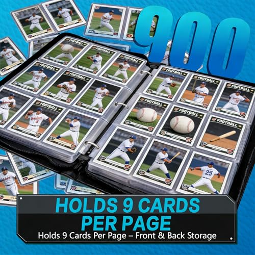 Baseball Card Binder with Sleeves, 9-Pocket Portable Card Protectors Album Holder Book with Zipper, Fits 900 Cards with 50 Removable Sleeves, Baseball Cards Display Storage Carrying Case -XS - color: Bangqiu-XS-900 cards
