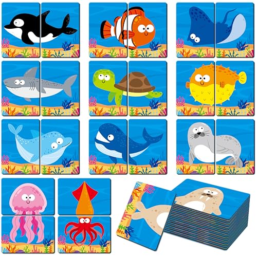 SpriteGru Marine Animal Memory Game, 28 Chunky Cards Sea Animals Head Tail Matching Game 1-5 Players Underwater Creatures Memory Matching Game for Preschoolers, Toddlers, Kids - style: Marine Animal