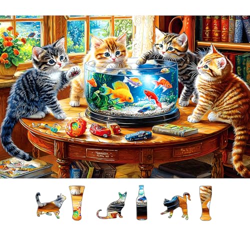 500 Piece Jigsaw Puzzles for Adults - Kittens & Goldfish Library Scene Puzzle,Cute Cats Puzzle with Letters on Back Perfect Game Night Gift for Family Seniors(23x15 Inch) - color: Colorful Kittens & Goldfish, size: (23"x15")