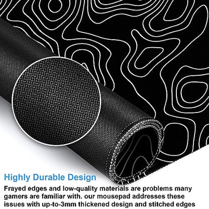 Black and White Topographic Desk Mat, Large Gaming Mouse Pad 31.5x15.7 | Sleek black and white contour line desk mat featuring pixel-precise tracking and a secure anti-slip rubber base. - color: Black Topographic Map