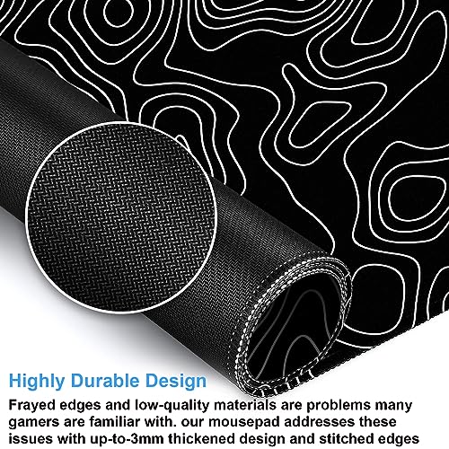 Black and White Topographic Desk Mat, Large Gaming Mouse Pad 31.5x15.7 | Sleek black and white contour line desk mat featuring pixel-precise tracking and a secure anti-slip rubber base. - color: Black Topographic Map