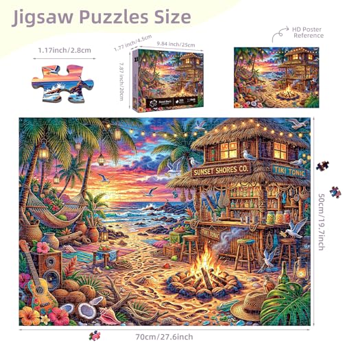 1000 Piece Beach Puzzles for Adults | Seaside Bar Puzzles for Adults 1000 Pieces, Vacation Jigsaw Puzzle, Impossible Hard Fun Challenging Beach Bar Adult Puzzles - color: Sunset Beach