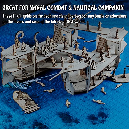 CZYY DND Ship Miniature, 3-Level Wooden Naval Battle Terrain Map | Build Boarding, Pirate & Sea-Monster Encounters, Approx. 23.4 in Long, 1 in Grid, For D&D, Pathfinder & Tabletop RPG