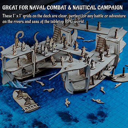 CZYY DND Ship Miniature, 3-Level Wooden Naval Battle Terrain Map | Build Boarding, Pirate & Sea-Monster Encounters, Approx. 23.4 in Long, 1 in Grid, For D&D, Pathfinder & Tabletop RPG