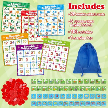 Quilinz Spanish Alphabet Bingo Games,Letter/Number/Sight Word for Kindergarten,ABC and 123 Bingo Board Match Games for Kids 4-6,Learn Spanish Flash Cards,Toddler Educational Toys - style: Spanish Alphabet Bingo