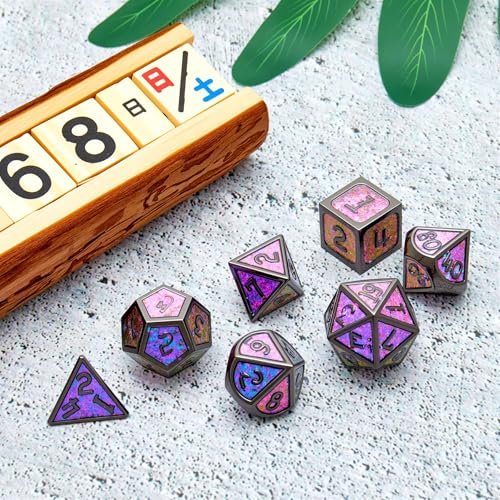 Metal dice Set D&D, 7piece Polyhedron DND D20 D12 D10 D8 D6 D4 dice Set, Suitable for Dungeons and Dragons RPG Game DND dice Set (Purple+Black) - color: Sxf-purple+black