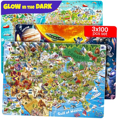 QUOKKA 100 Puzzles for Kids Ages 4-6 – Glow-in-the-Dark USA Map World Map and Solar System – Educational Floor Puzzles for Kids Ages 6-8 – Geography Learning Toys for 5-8 Year Olds - color: 100 Pcs Glow